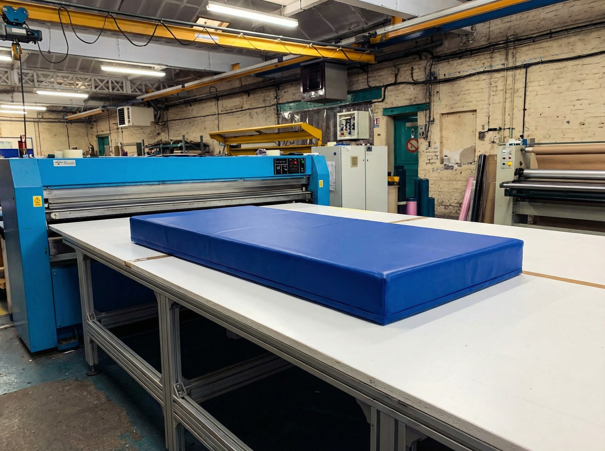 matelas rectangulaire bleu posé sur une grande table de coupe dans un atelier de fabrication avec machines industrielles en arrière-plan.