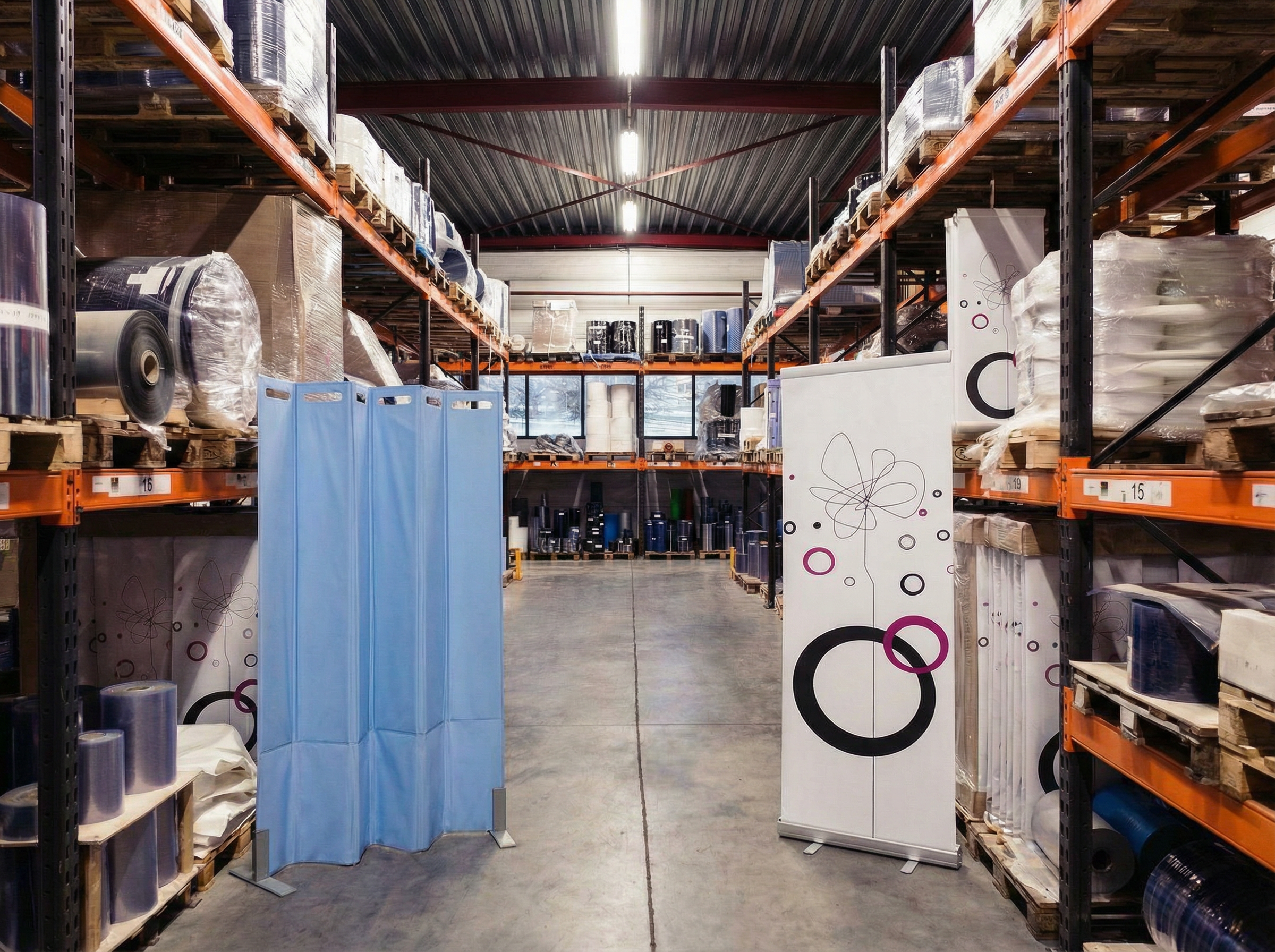 Allée d'entrepôt avec étagères industrielles remplies de rouleaux et palettes, séparée par un paravent médical bleu et un paravent imprimé au logo aux couleurs du client final