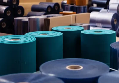Rouleaux de film plastique et matériaux d'emballage empilés en bobines de différentes couleurs dans un entrepôt.