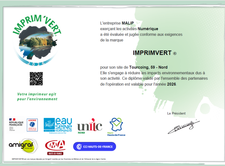 Document officiel prouvant que Malip est labellisé Imprim Vert.